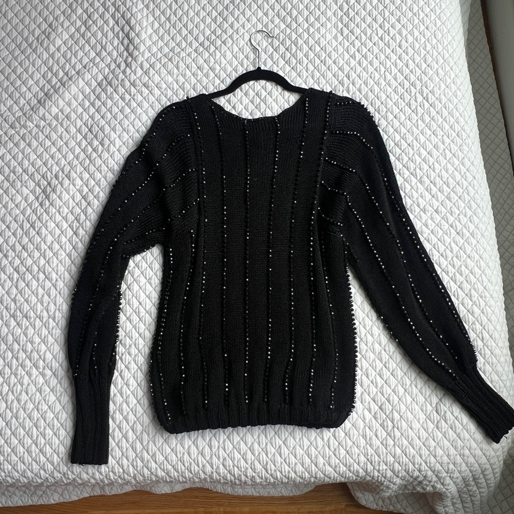 Cache Black Crew Neck Sweater with Cable Knit Design